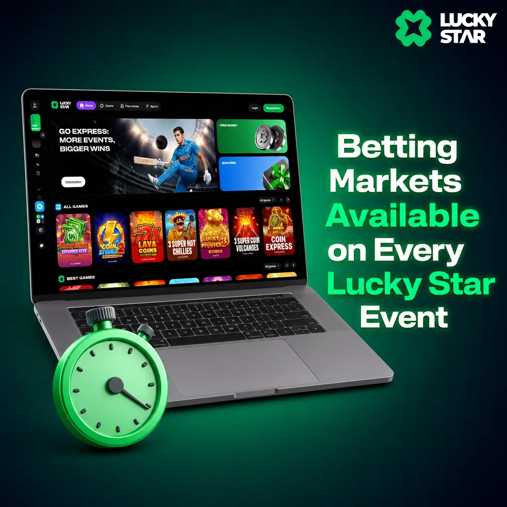 Lucky Star betting markets: 1X2, handicaps, over/under, correct score and BTTS options across football, cricket and tennis events.
