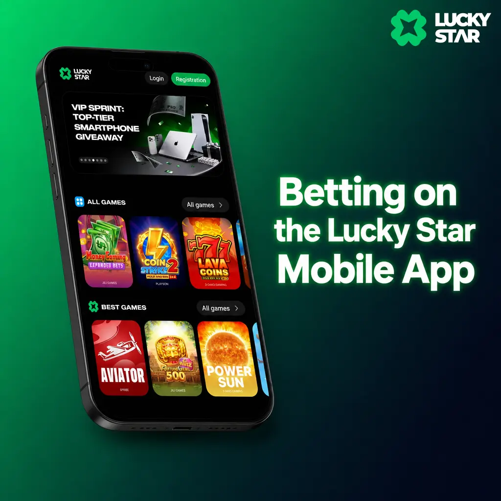 Lucky Star mobile app showing full sportsbook, live odds, bet slip and push notifications on a smartphone