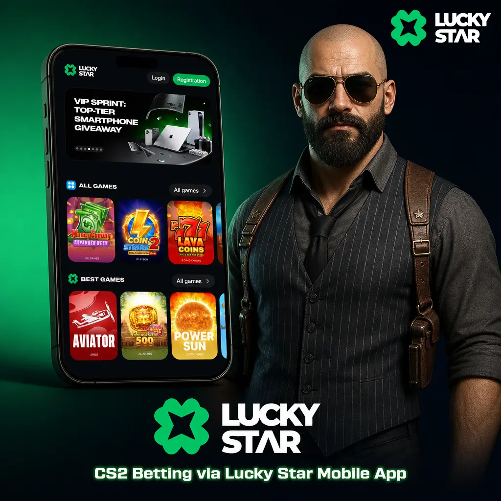 Lucky Star mobile app screen showing CS2 esports betting markets, live odds, and cash out options for Android and iOS