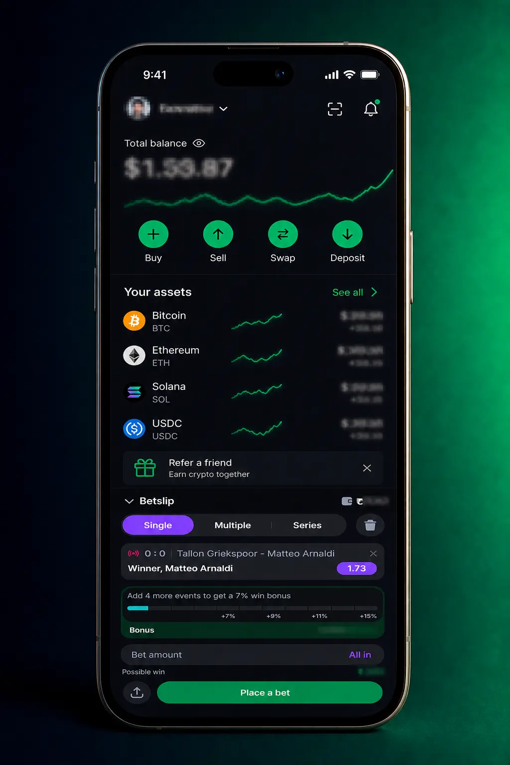 Step-by-step screenshot showing how to place a bet on the Lucky Star App using the Sports tab and bet slip.