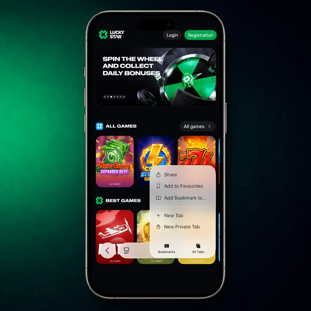 Step-by-step guide showing how to install the Lucky Star App on iOS using Safari's Add to Home Screen feature.