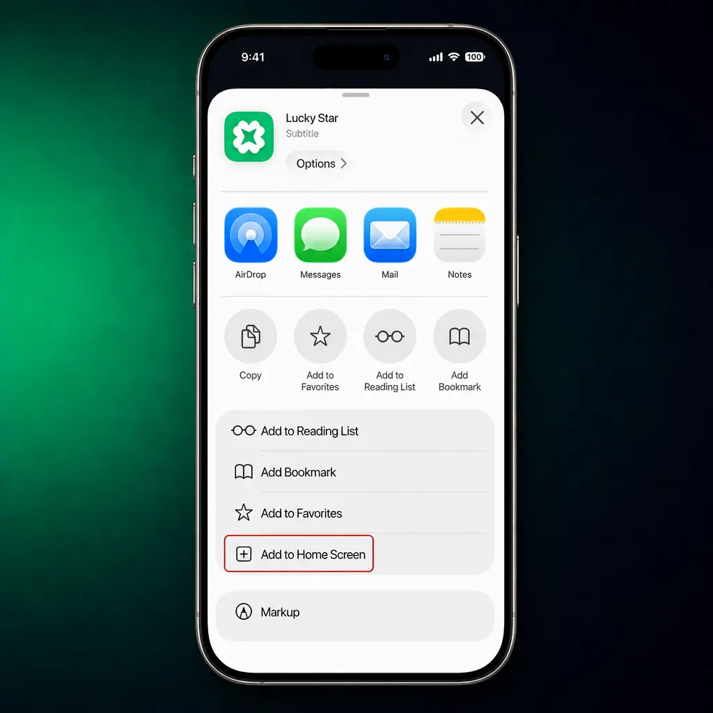 Step-by-step guide to install the Lucky Star App on iOS using Safari's Add to Home Screen feature.