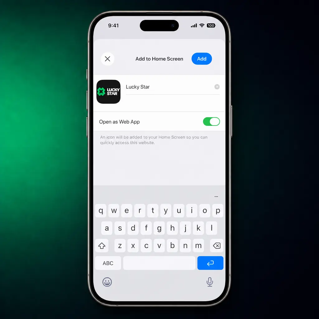 Step-by-step guide showing how to install the Lucky Star App on iOS using Safari's Add to Home Screen feature.
