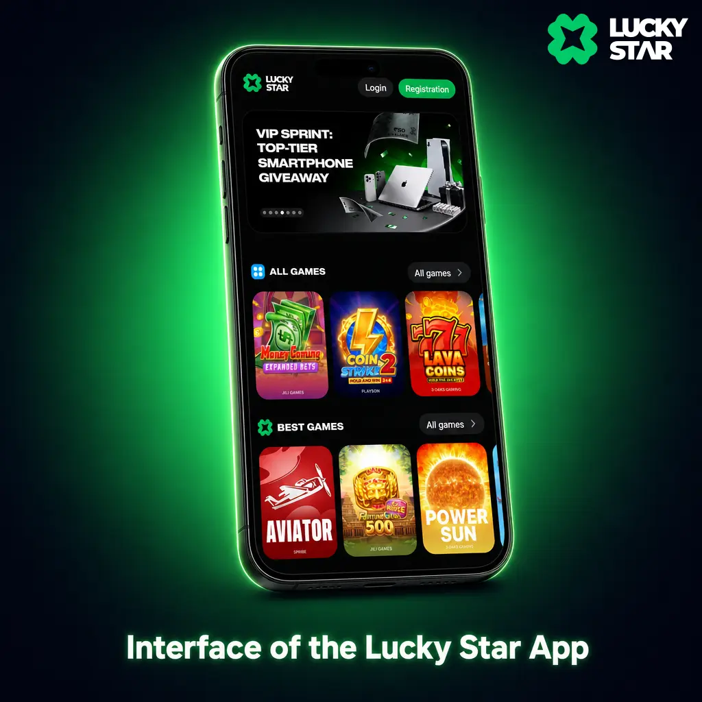 Dark-themed Lucky Star App home screen with green accents, showing Aviator, cricket, and live casino icons with visible balance.