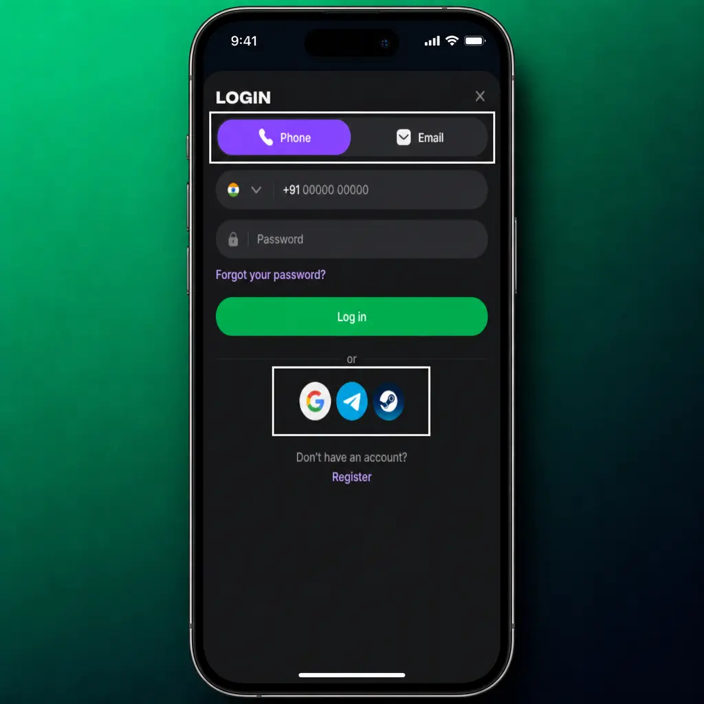 Login screen for Lucky Star account showing mobile number, email, and password fields with OTP verification step