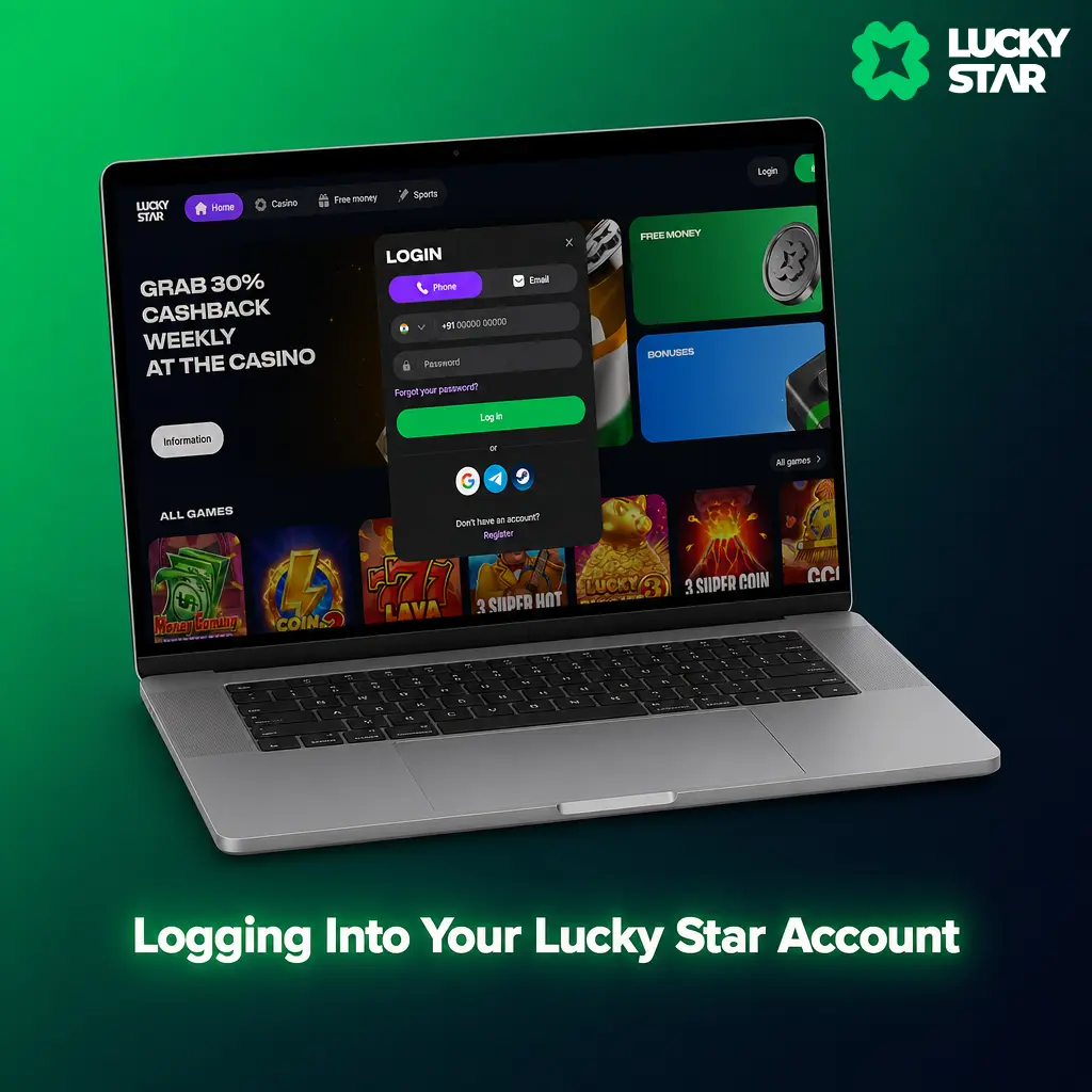 Lucky Star account login screen showing mobile number, email, and password fields with Remember Me option