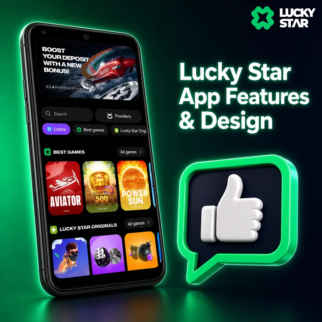 Lucky Star app interface showing dark navy theme with green accents, bottom nav bar, and sports betting dashboard