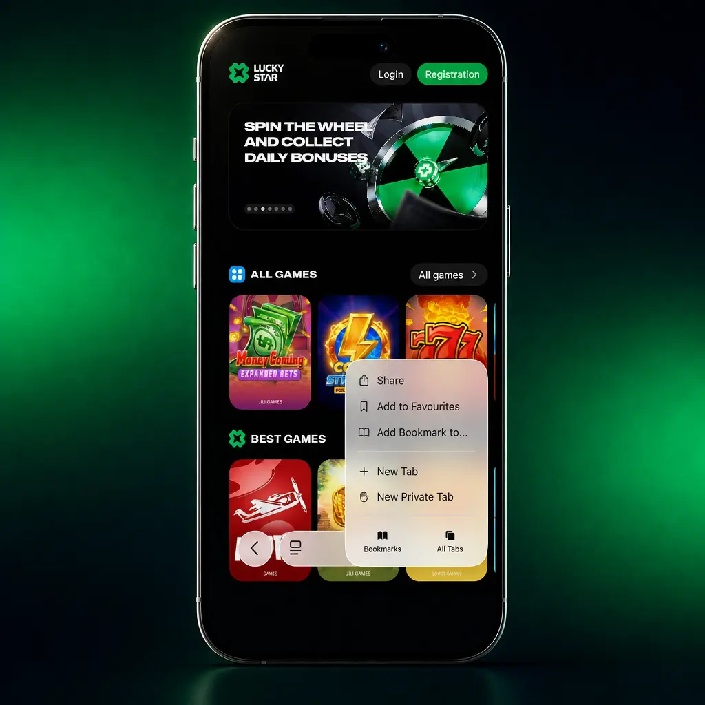 Lucky Star app installation guide showing steps to add the iOS PWA to your iPhone home screen via Safari