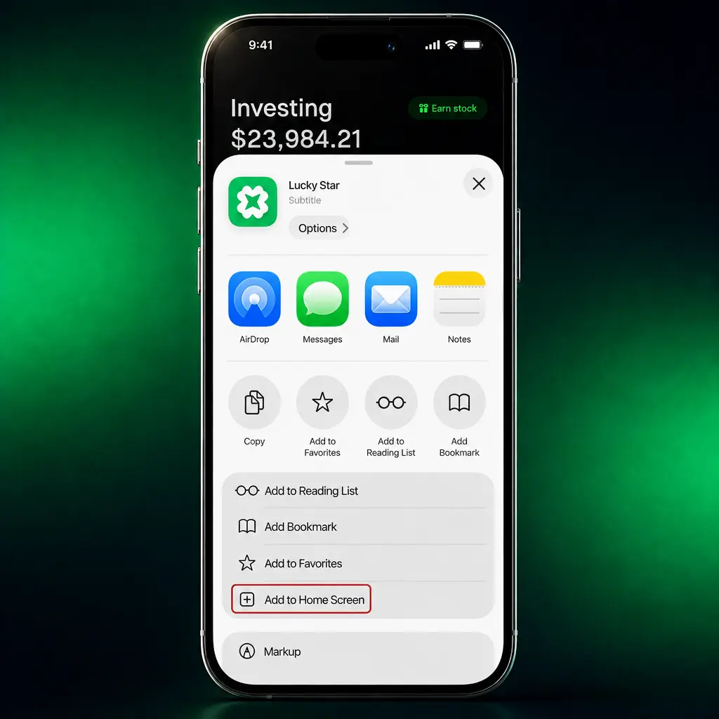 Lucky Star app installation steps for iOS showing how to add the PWA to your iPhone home screen via Safari