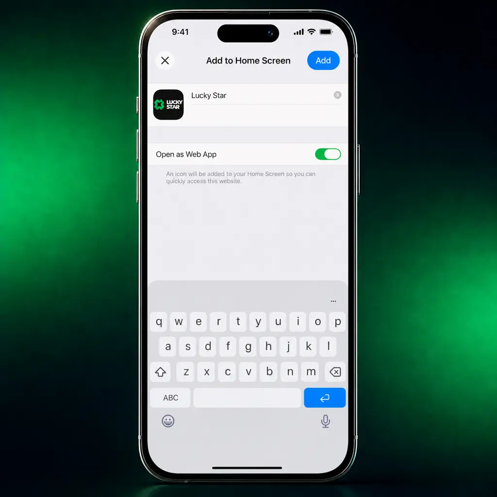 Lucky Star iOS installation guide showing steps to add the Progressive Web App via Safari share menu to home screen.