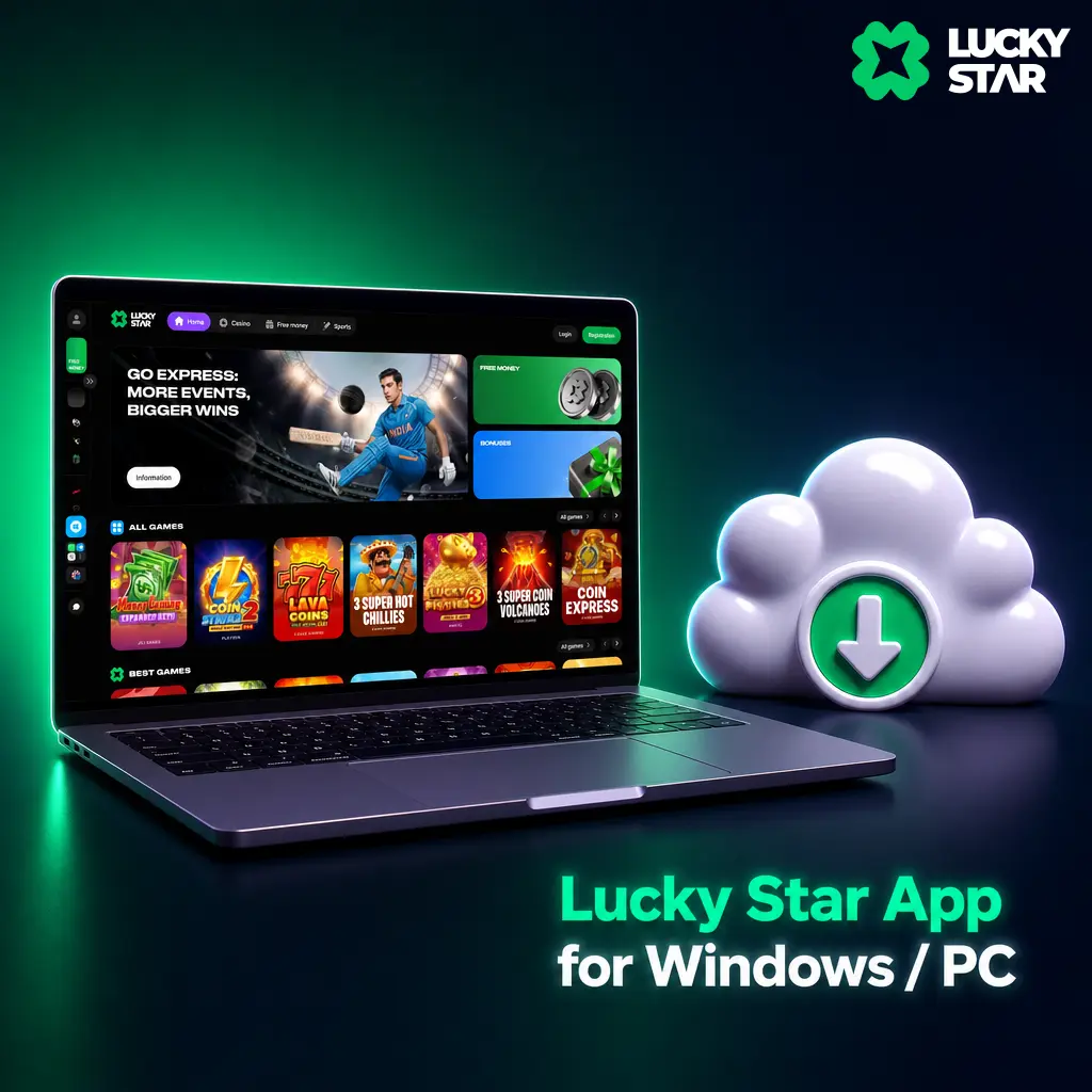 Lucky Star app for Windows PC showing installer download and desktop icon for sportsbook and casino access