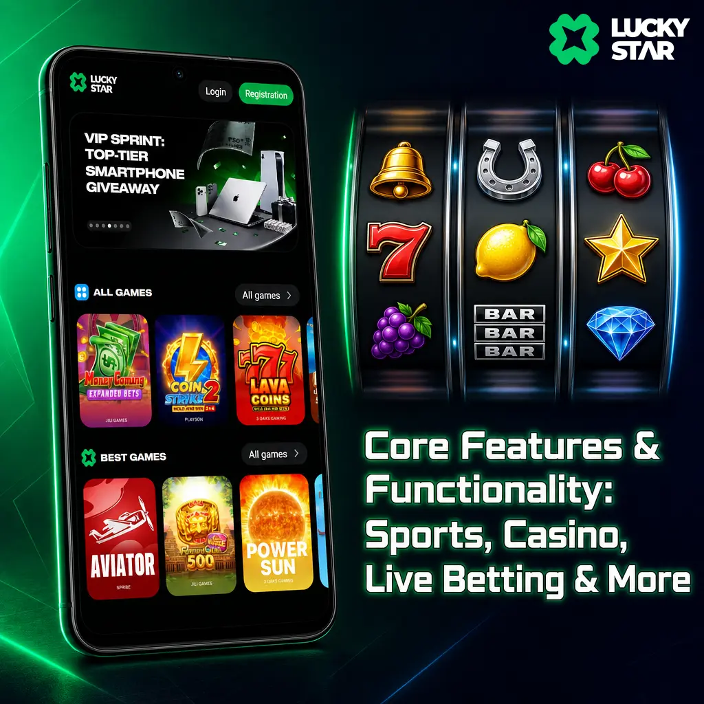 Lucky Star app showing sports betting, live streaming, casino slots, Aviator, and live dealer tables with support chat access