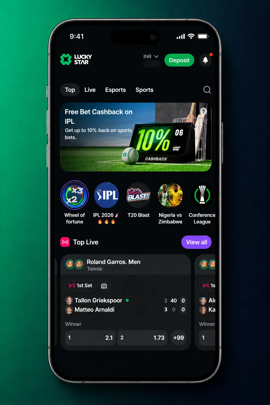 Lucky Star Formula 1 betting app screenshot showing live odds, race markets and dashboard on mobile