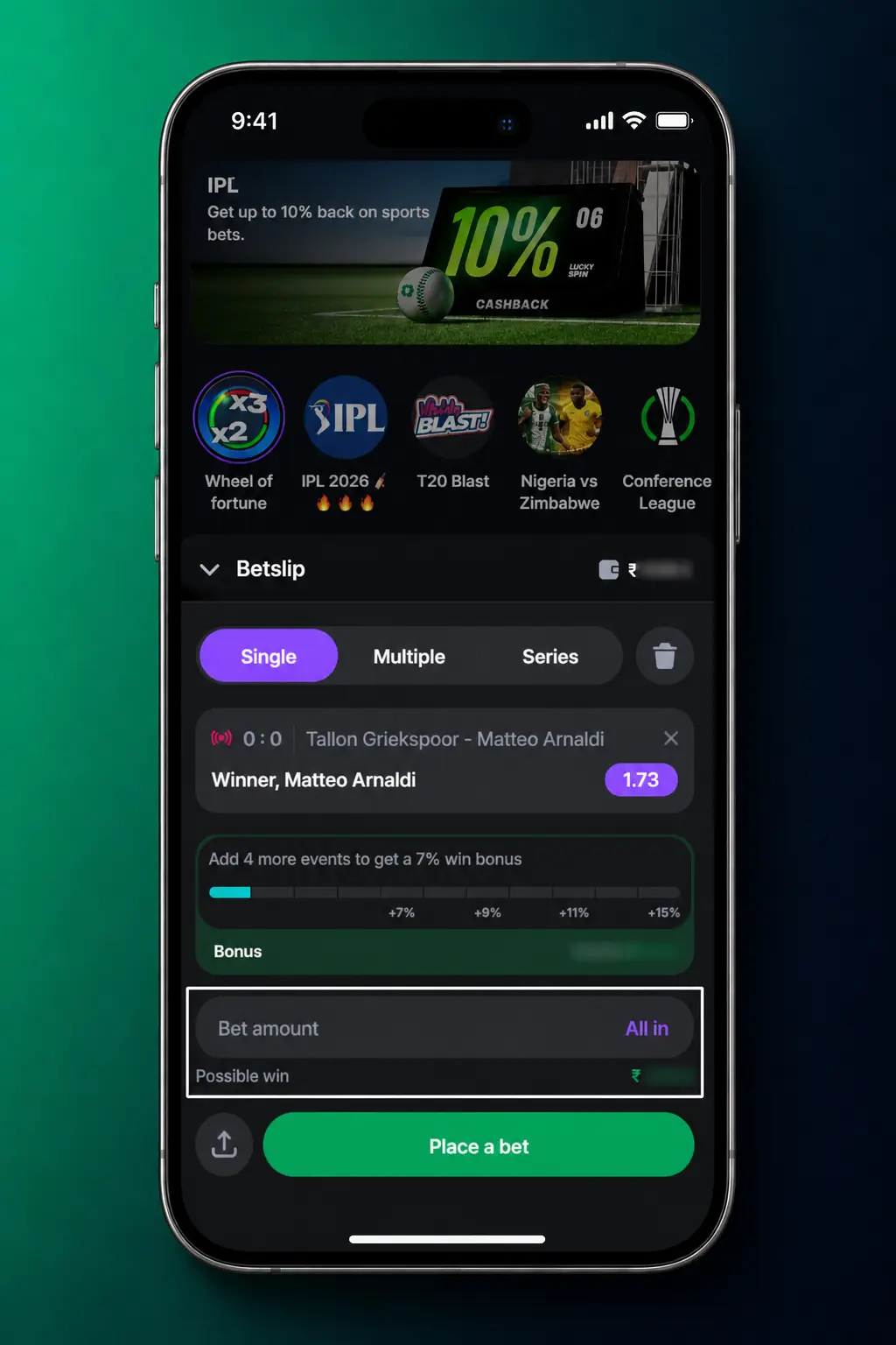 Lucky Star Formula 1 betting app dashboard showing live odds, account balance and race markets on mobile