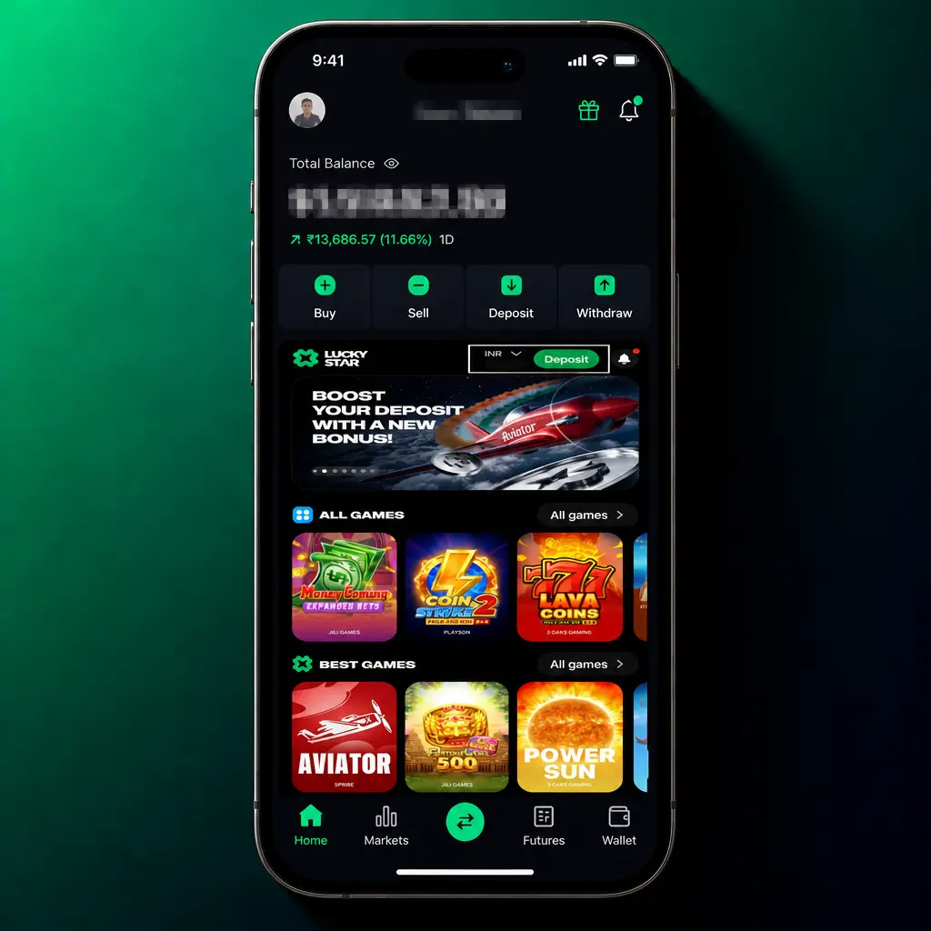 Lucky Star app wallet screen showing deposit options like UPI, PhonePe, Paytm, and crypto for quick fund transfer.