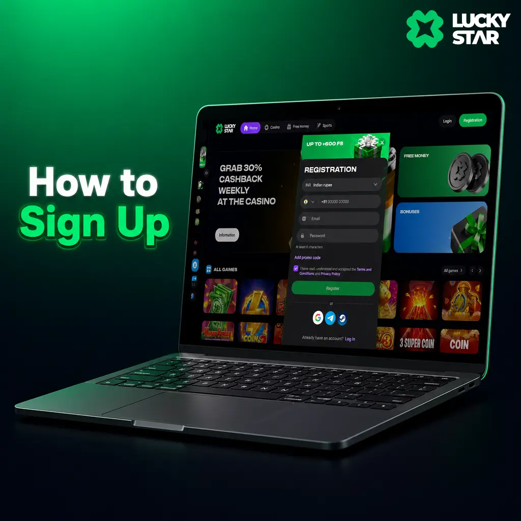 Step-by-step guide showing how to sign up and verify KYC on Lucky Star using email, mobile, or Google registration.