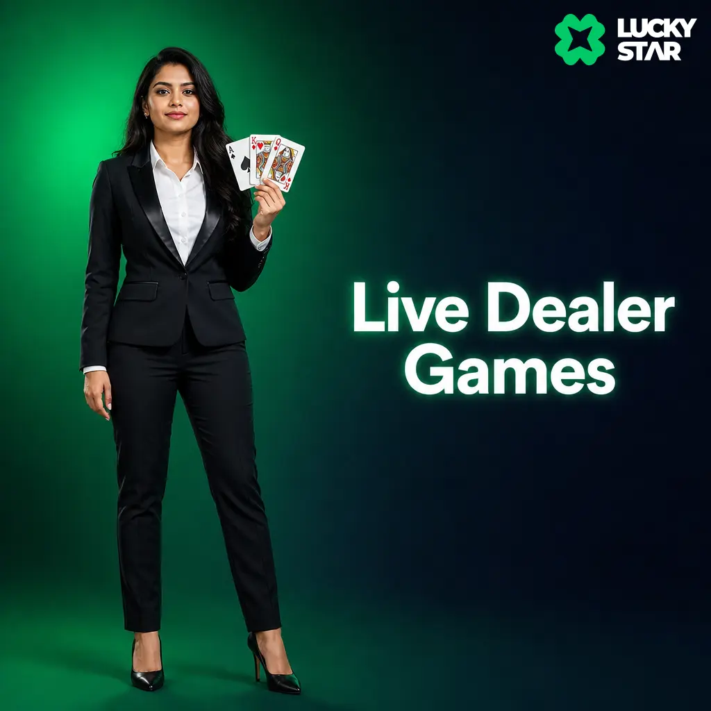 Live Dealer Games on Lucky Star featuring HD blackjack, roulette, baccarat, poker tables, and Evolution game shows with real hosts.