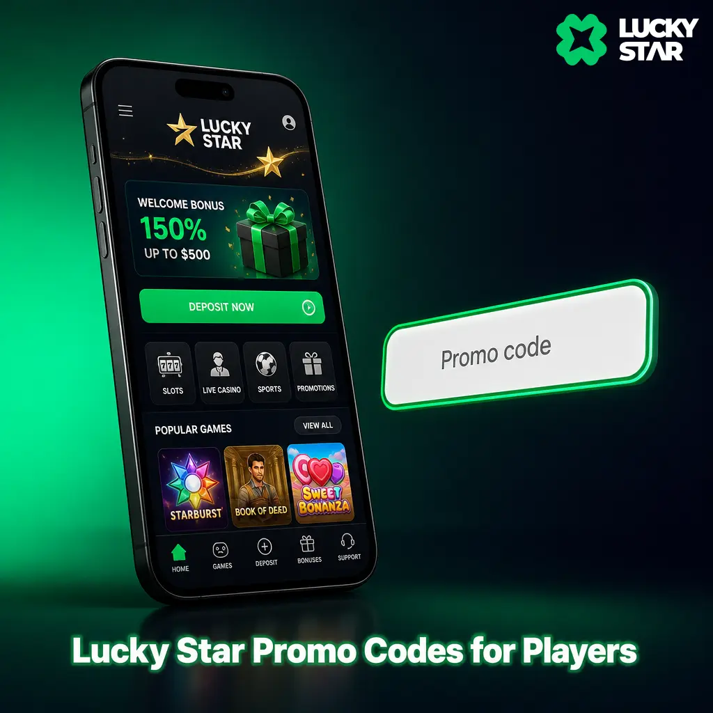 Lucky Star promo code STARWELCOME entered at registration to unlock extra free spins and bonus rewards for India players