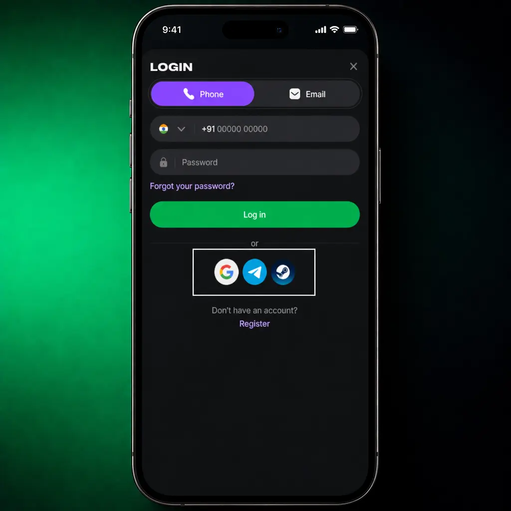 Step-by-step screenshot showing how to log in to Lucky Star account using phone number or email and password