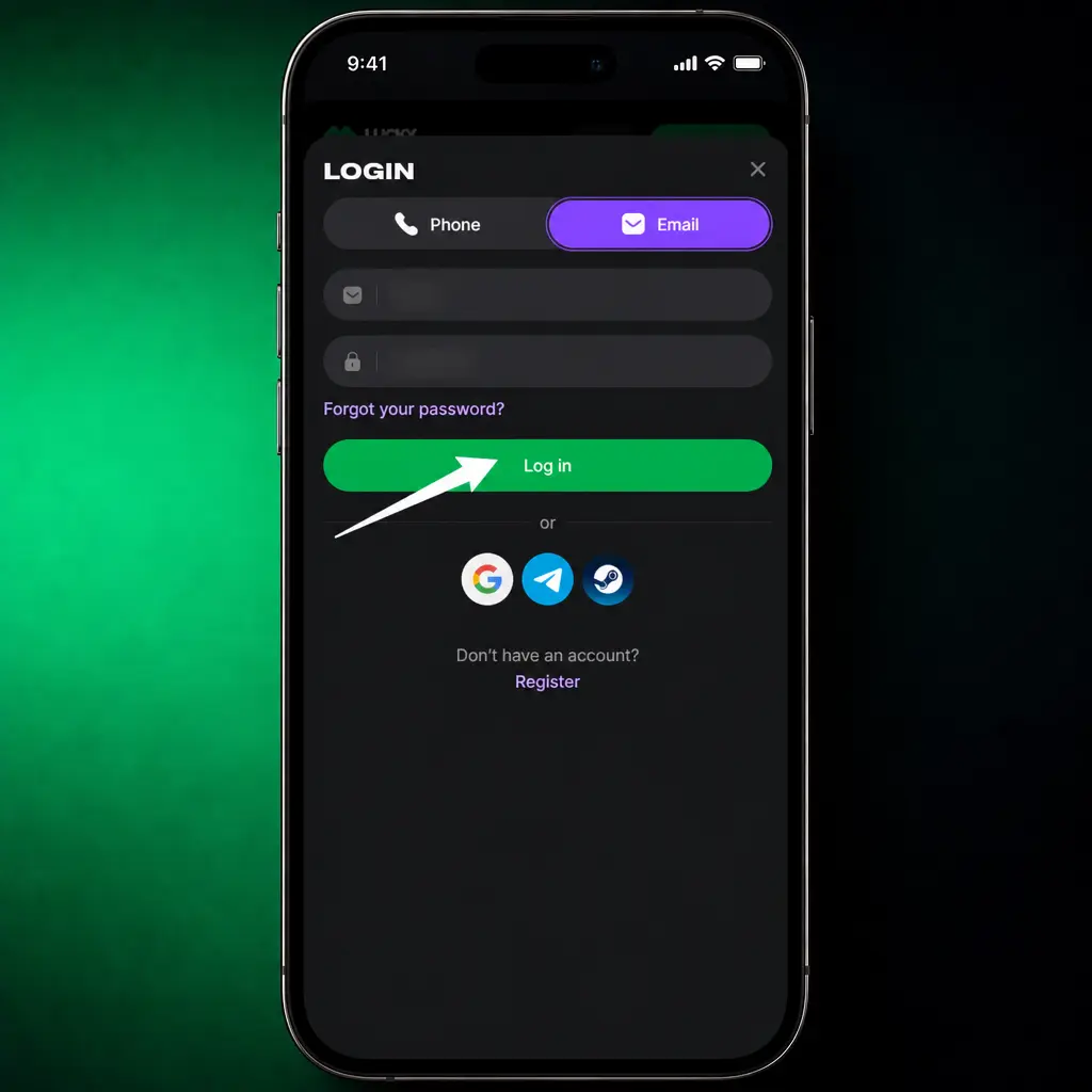Step-by-step login screenshot for Lucky Star account showing phone/email and password fields to access dashboard