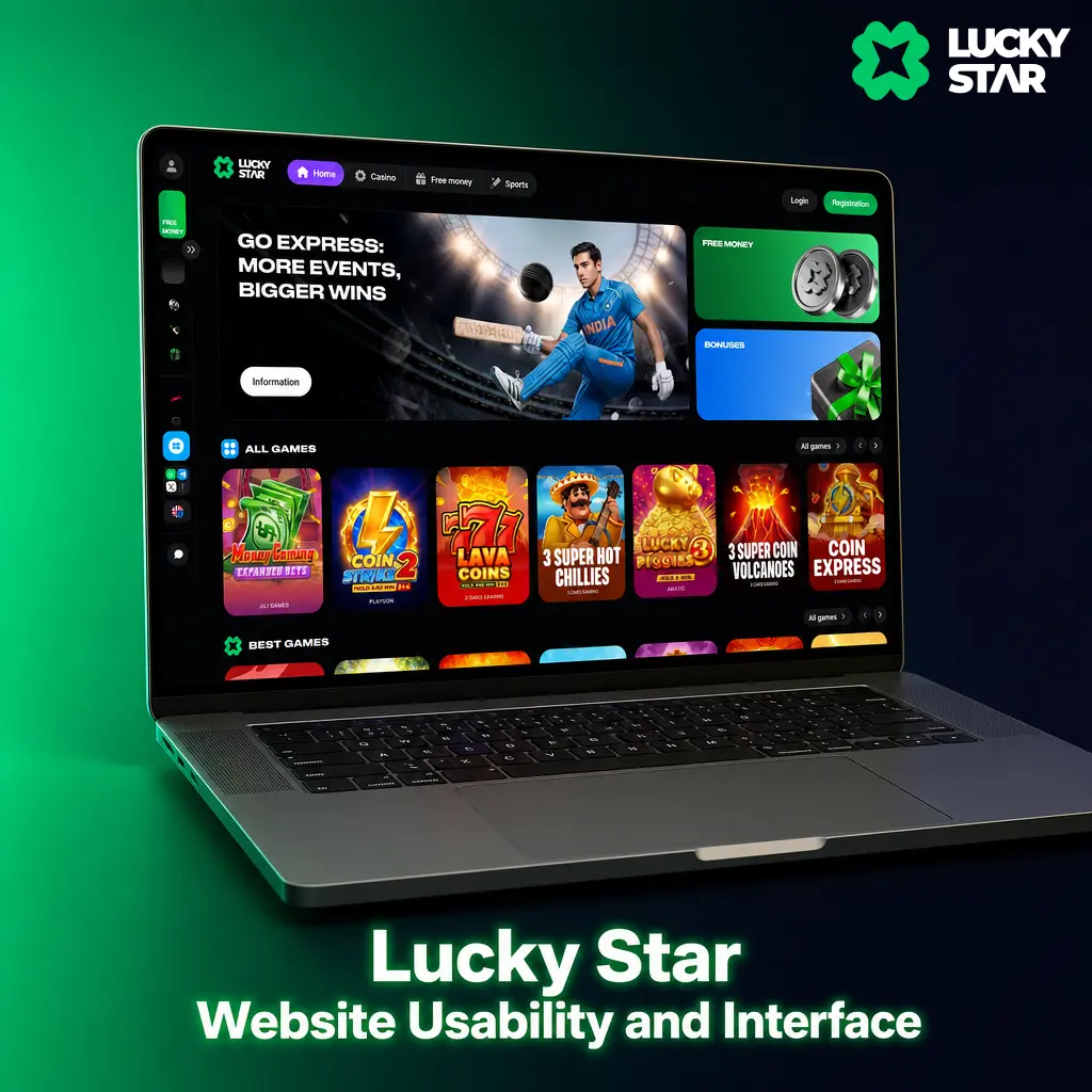 Lucky Star website interface showing dark navy theme, green accents, and tabs for Sports, Casino, Slots, Promotions