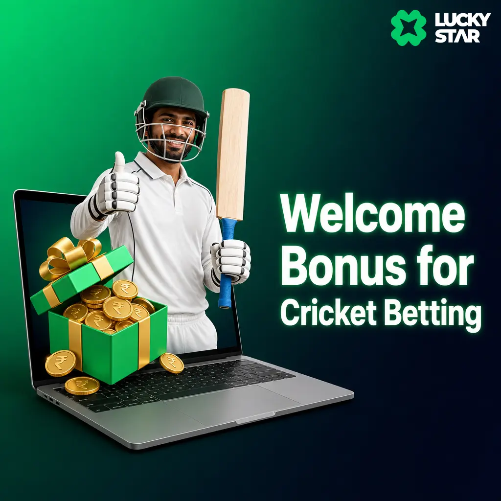Lucky Star 200% cricket betting welcome bonus up to 50,000 INR for IPL, T20 World Cup 2026, and Test series bets.