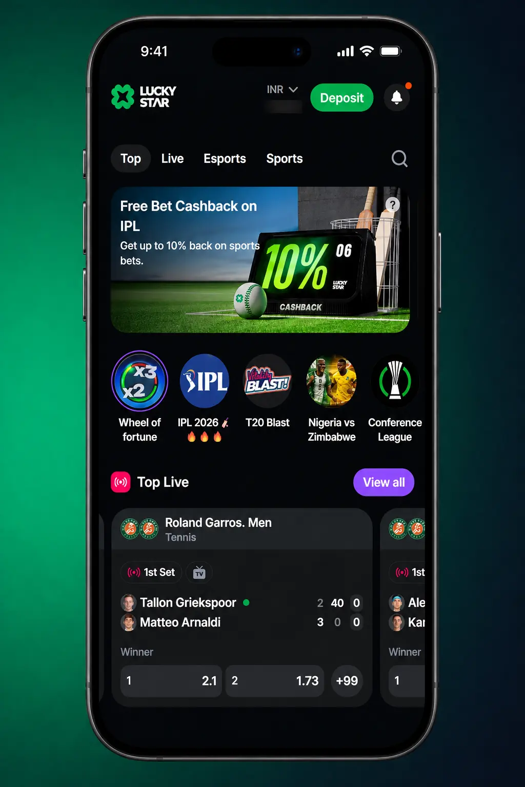 Lucky Star app screenshot showing MMA betting odds for UFC, ONE Championship, and Bellator fight cards