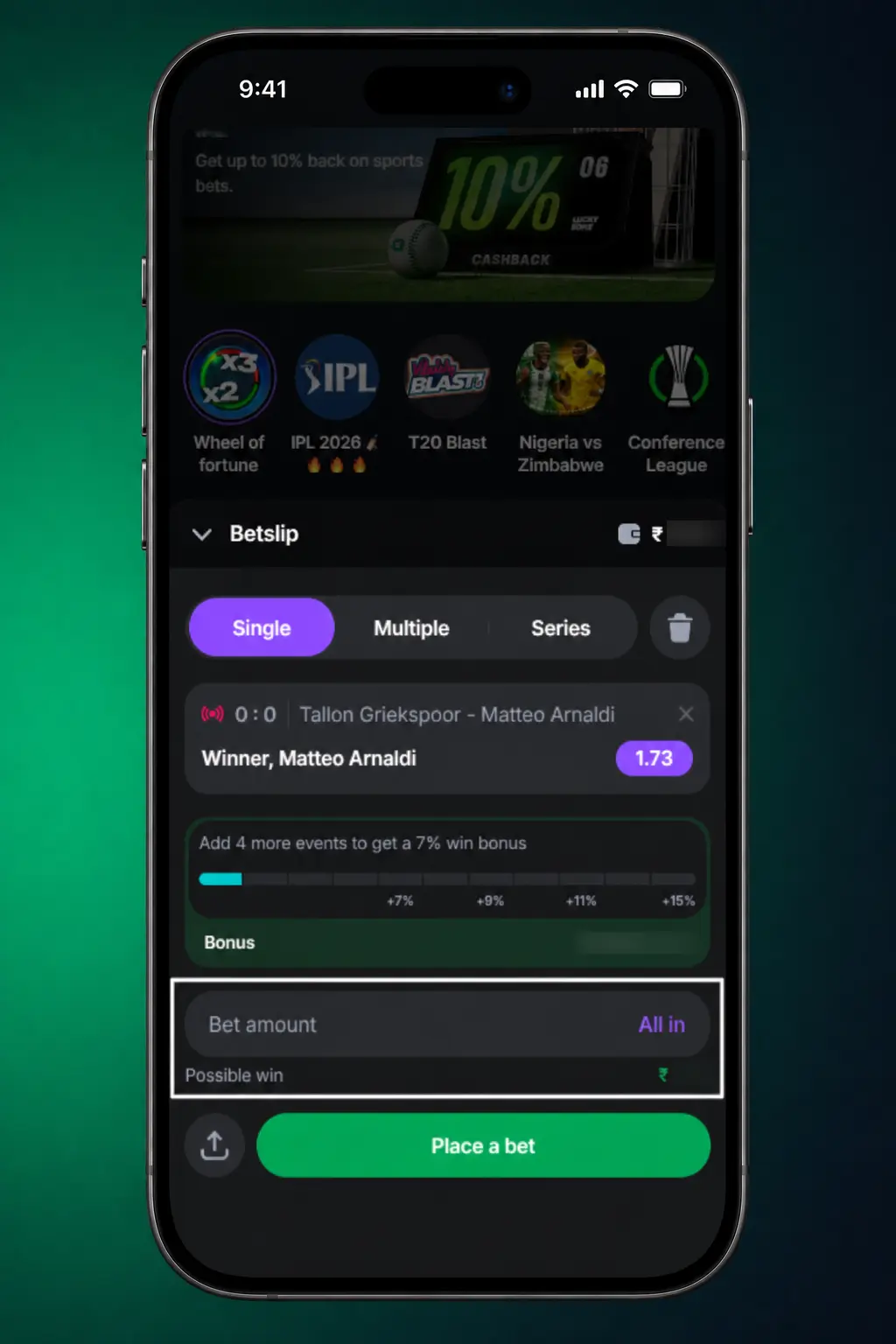 Lucky Star app screen showing MMA betting menu with UFC, ONE Championship, and Bellator live odds