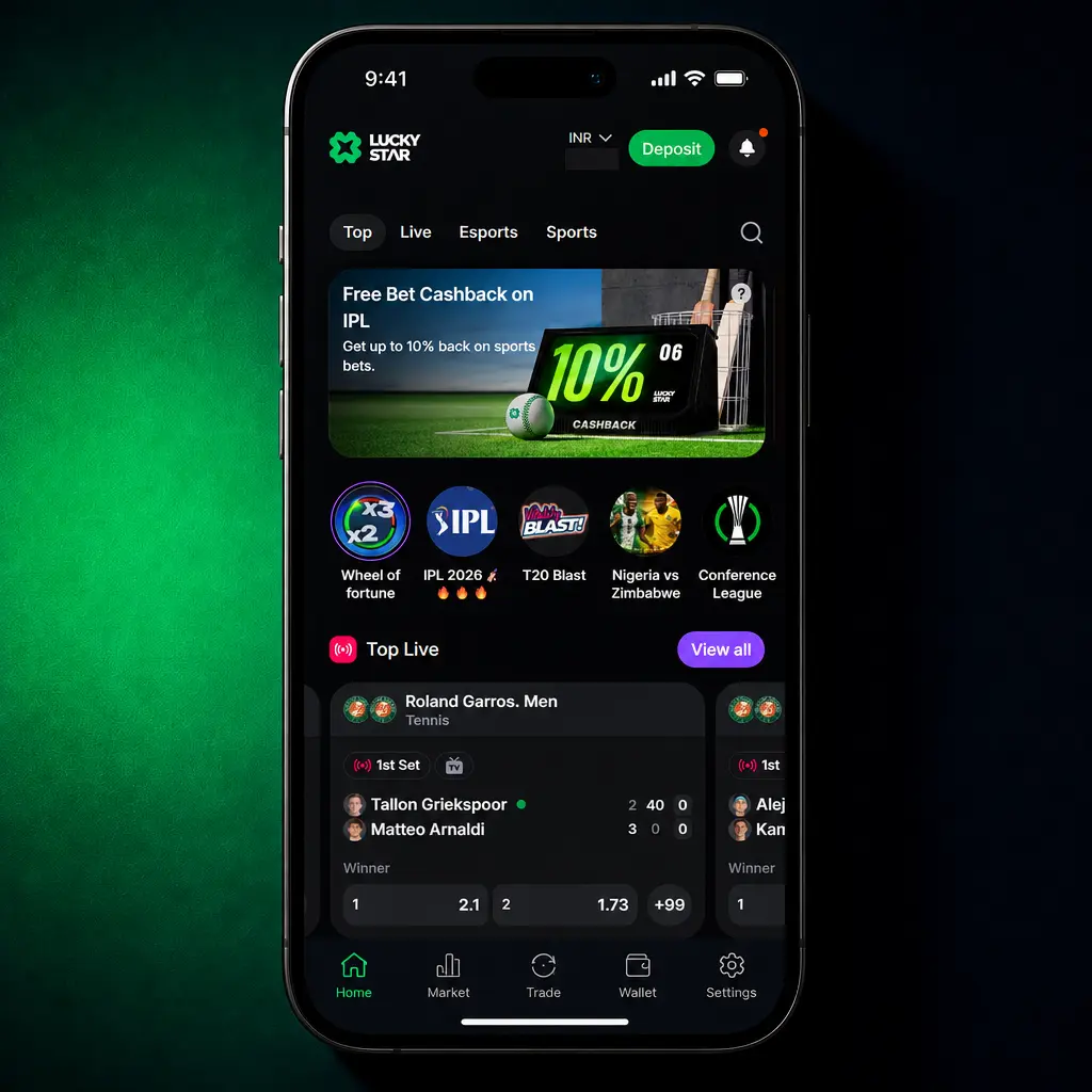 Step-by-step screenshot showing how to place a bet in the Lucky Star app, from selecting a sport to confirming the bet slip.