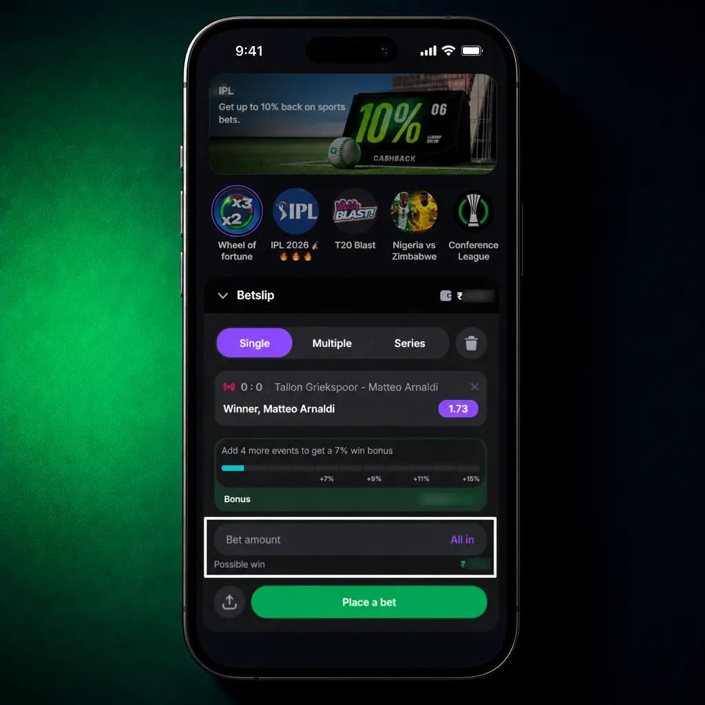 Step-by-step screenshot showing how to place a bet in the Lucky Star app: select sport, pick odds, enter INR amount, confirm.