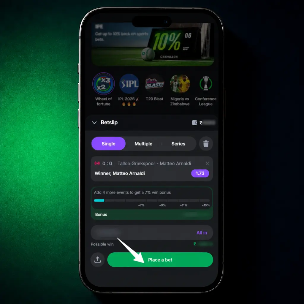 Step-by-step screenshot of placing a bet in the Lucky Star app: select sport, pick odds, enter INR amount, confirm.