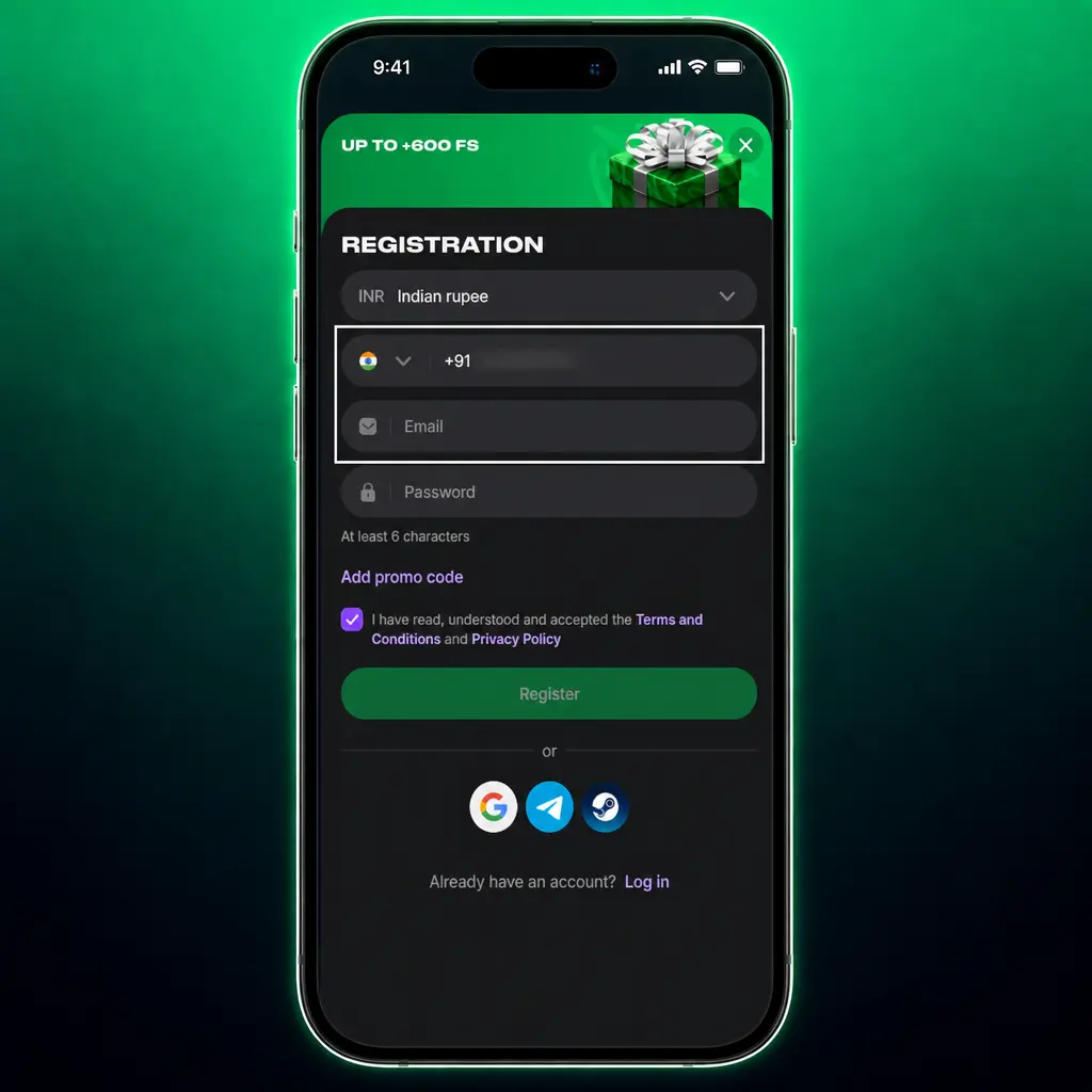 Step-by-step screenshot showing how to register at Lucky Star in 5 easy steps using mobile number or email.