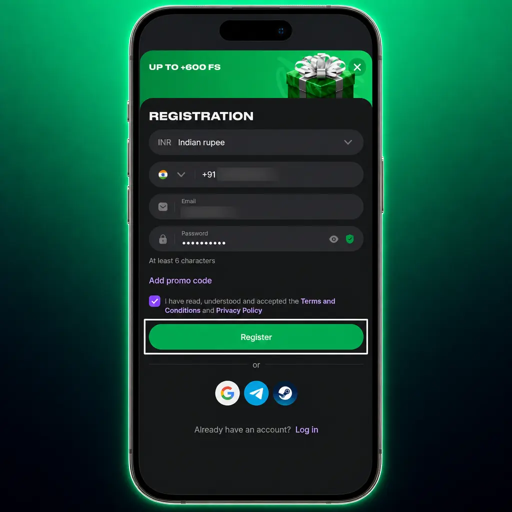 Step-by-step guide to register at Lucky Star using the Register Now button with India and INR details