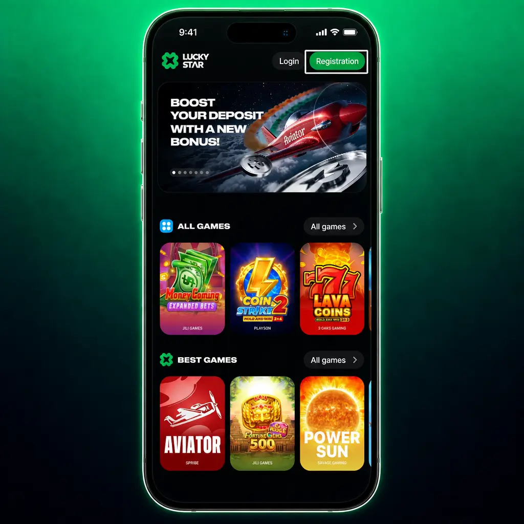 Step-by-step guide showing how to register at Lucky Star in 5 easy steps using mobile, email, and OTP verification.