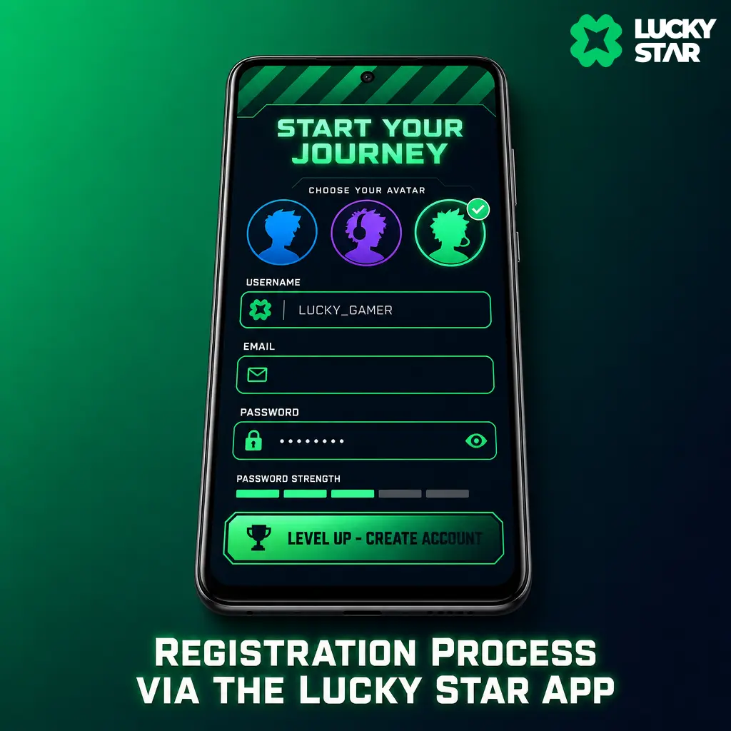 Step-by-step registration process via the Lucky Star App showing account signup, OTP verification, and bonus claim