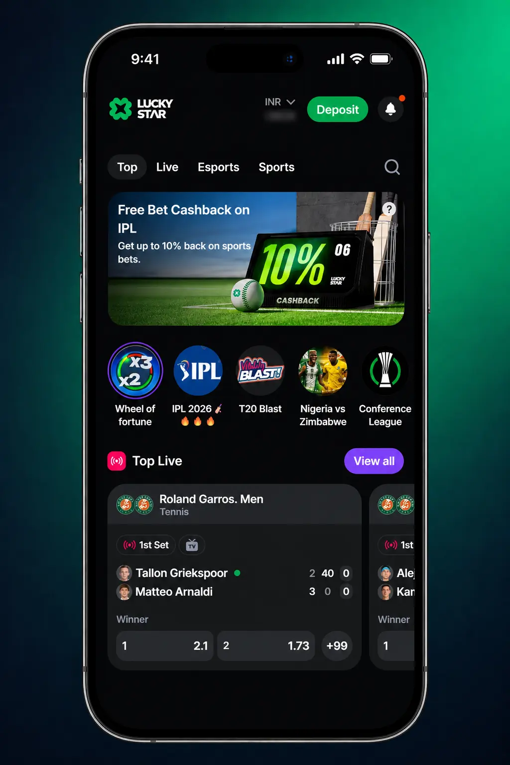 Tennis betting section in the Lucky Star app showing live ATP, WTA, and Davis Cup odds on mobile