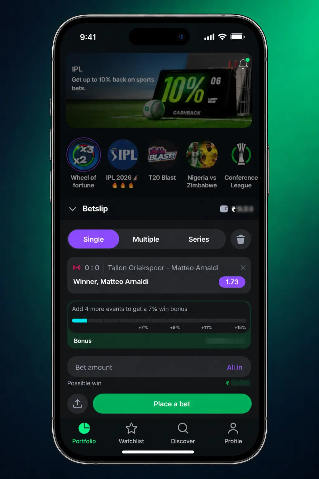 Lucky Star app tennis betting screen showing live ATP, WTA, and Davis Cup odds on mobile