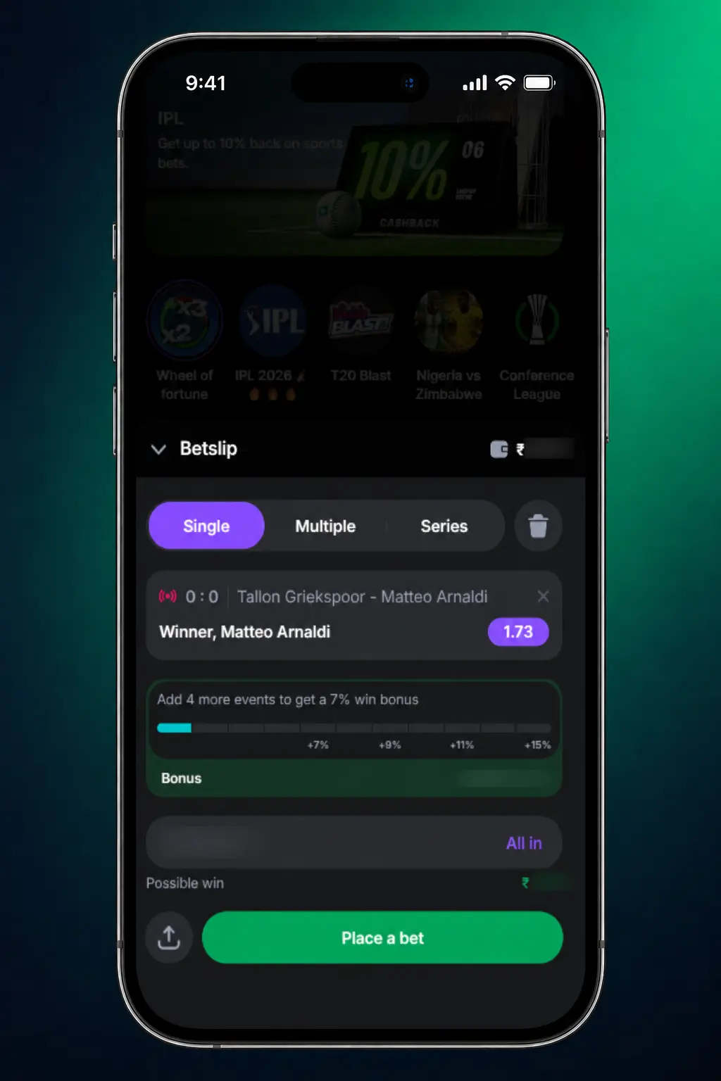 Lucky Star app tennis betting screen showing live ATP, WTA, and Davis Cup odds on mobile dashboard