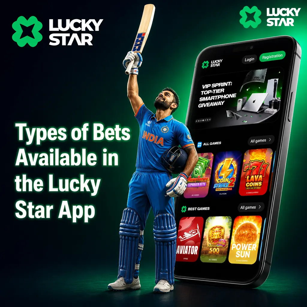 Overview of bet types in the Lucky Star app: single, accumulator, treble, system, and handicap betting options.