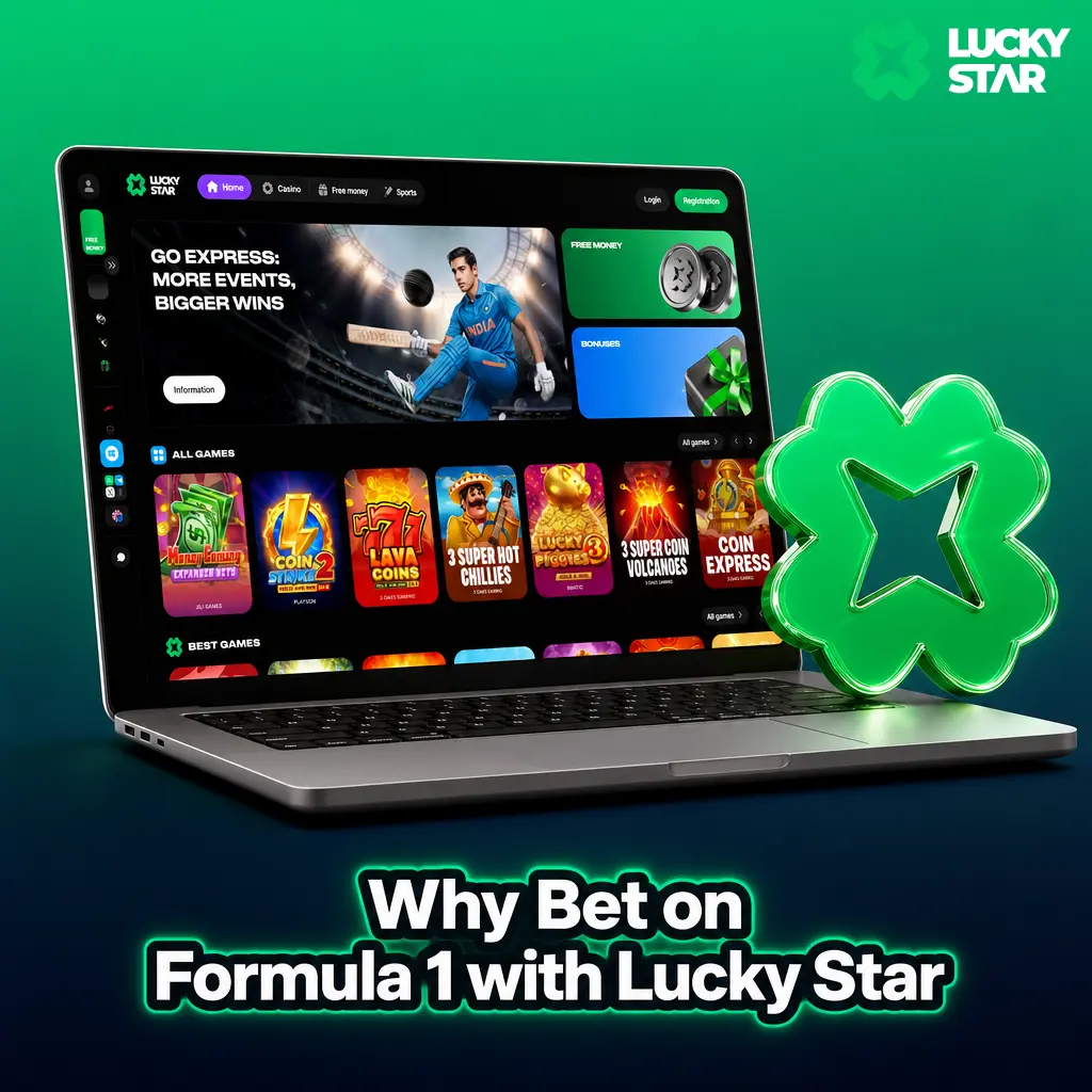 Lucky Star Formula 1 betting app showing live odds, race markets, and fast UPI payment options for Grand Prix wagering.